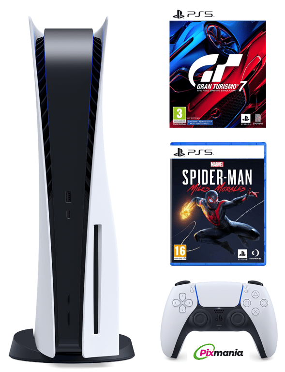 Pack Console PS5 Edition Standard + manette DualSense Blanc + Gran Turismo  7 + Spiderman