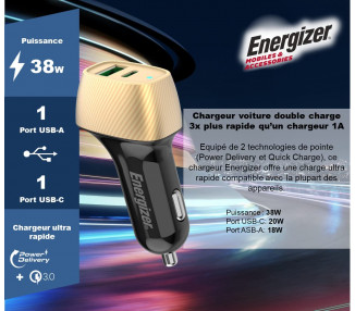 CARICABATTERIE PER AUTO ENERGIZER 38W PD QC3.0 ORO/NERO