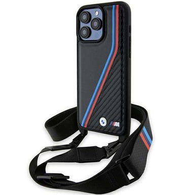Étui BMW pour iPhone 15 Pro 6.1'' noir étui rigide M Edition Carbon Tricolor Lines & Strap