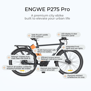 Vélo Électrique ENGWE P275 PRO 19.2Ah - Moteur 250W Batterie 691.2Wh Autonomie 260KM - Noir et orange