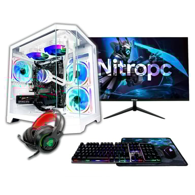 PC Gaming completo Nitropc Pack Gold Plus - Intel i5-14400F, RX 6600 8GB, RAM 16GB, M.2 1TB, Windows 11, WiFi, Blanco - Monitor 24'' FullHD + accesorios