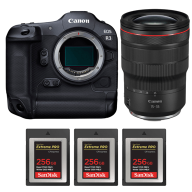 Appareil photo hybride Canon EOS R3 + RF 15-35mm f/2.8 L IS USM + 3 SanDisk 256GB Extreme PRO CFexpress Type B + Ebook ''20 astuces pour des images qui claquent''