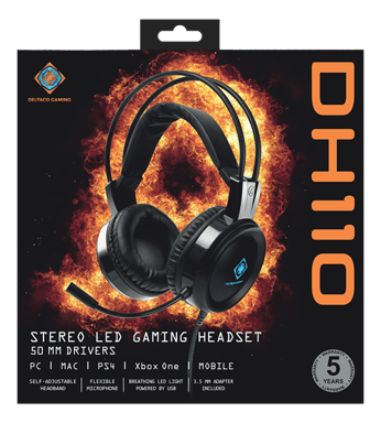 Deltaco Gaming - DH110 - Casque gaming LED, haut-parleurs stéréo 50mm, Cuir PU, PC/MAC/Console/Mobile