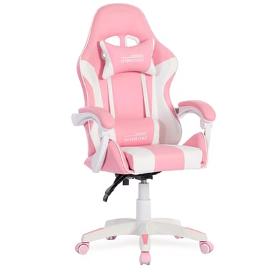 Amstrad AMS-800-ROSY Fauteuil / Chaise de bureau Gamer rose & blanc - coussin lombaire & appuie tête