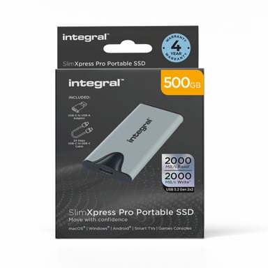 Integral SlimXpress Pro INSSD500GPORT3.2SLIMXS lecteur à circuits intégrés externe 500 Go USB 3.2 Gen 2x2 - Neuf