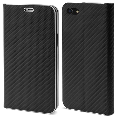 Moozy Étui Portefeuille pour iPhone SE 2020, iPhone 7, iPhone 8, Noir Carbone - Protection des Bords Métalliques Fermeture Magnétique Flip Cover avec Porte-Cartes