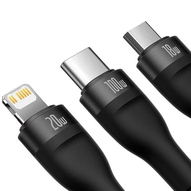 Baseus Flash Series 2 3 en 1 cable de carga rápida - USB-C a USB-C / Lightning / Micro-USB - 100 vatios - 1,5 metros - Negro