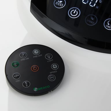 MEACO MeacoFan 1056, ventilador de aire, ideal para dormitorios y salas, ultra silencioso con oscilación 360°, motor de bajo consumo, 12 velocidades, control remoto, blanco