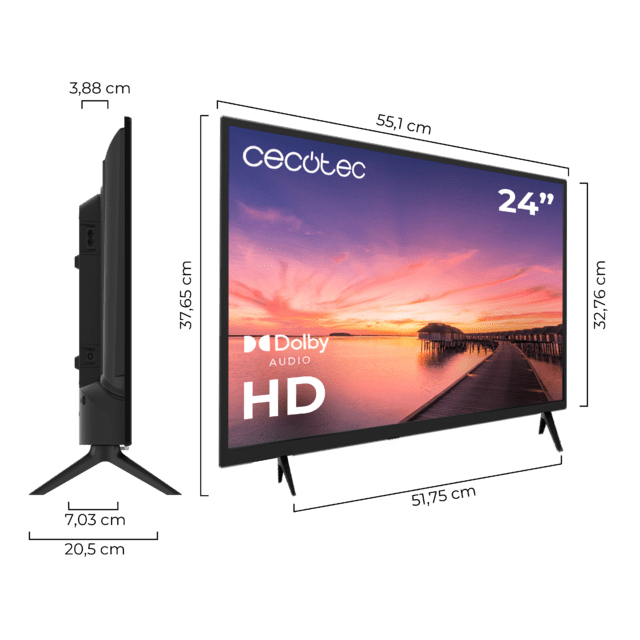 Cecotec Téléviseur TV 0 Series 0024 Écran 24 Pouces HD Résolution Images et Vidéos optimale Système Dolby Mémoire Flash Connectivité avec 3 Ports HDMI et 1 Port USB Télécommande Classe E - vue 3