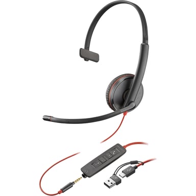 Poly Auriculares Blackwire 3215 monaural USB-C + conector de 3,5 mm + adaptador USB-C/A (paquete)
