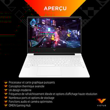 HP Victus Gaming 15-fa0085nf Ordinateur portable 39,6 cm (15.6'') Full HD Intel® Core i5 i5-12450H 16 Go DDR4-SDRAM 512 Go SSD NVIDIA GeForce RTX 3050 Wi-Fi 6 (802.11ax) Windows 11 Home Noir