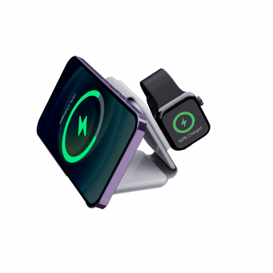 Jaym - Stazione di ricarica pieghevole per telefono + orologio + cuffie - Ricarica a induzione e compatibile con Magsafe