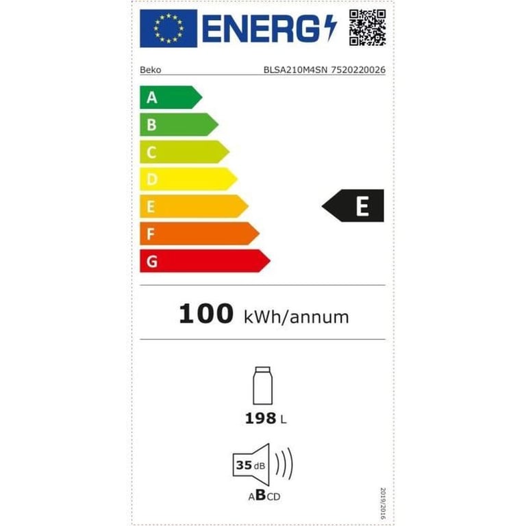 Réfrigérateur encastrable 1 porte Beko BLSA210M4SN 198 L froid statique LED blanc porte réversible - Neuf