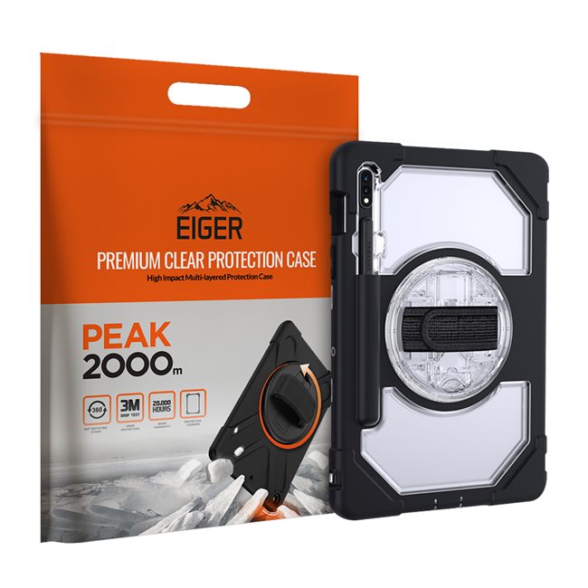 EIGER Peak 2000m Custodia robusta con cavalletto rotante a 360° per Samsung Galaxy Tab S7 Nero/trasparente