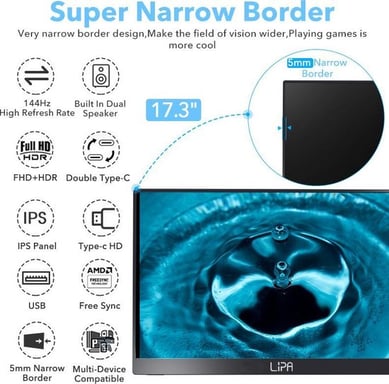 Lipa HDR-60 moniteur portable Full HD 17.3 pouces - Écran portable - Écran d'ordinateur - Moniteur - 144 Hz - HDMI - 2x USB C