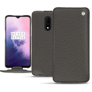 Funda de piel OnePlus 7 - Solapa vertical - Gris - Piel granulada