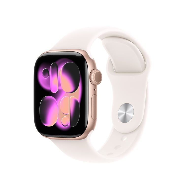 Watch Series 11 (2025) GPS + Cellulaire Boitier de 42mm en Aluminium Or Rose avec bracelet sport, Rose - S/M - Excellent état Comme neuf - Apple reconditionné disponible sur Pixmania