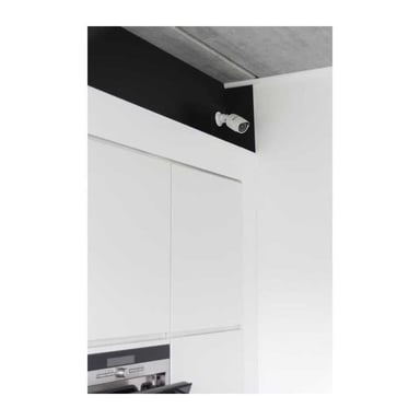 Caméra factice CHACON en aluminium Blanc, style bullet, indicateur LED bleu visible, fixation mur/plafond réglable