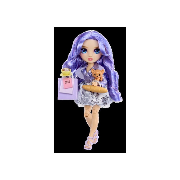 Poupée mode Rainbow High Pretty in Paris Violet Willow 27 cm Violet, cheveux violets, yeux bleus, tenue violette et accessoires + chat - Neuf