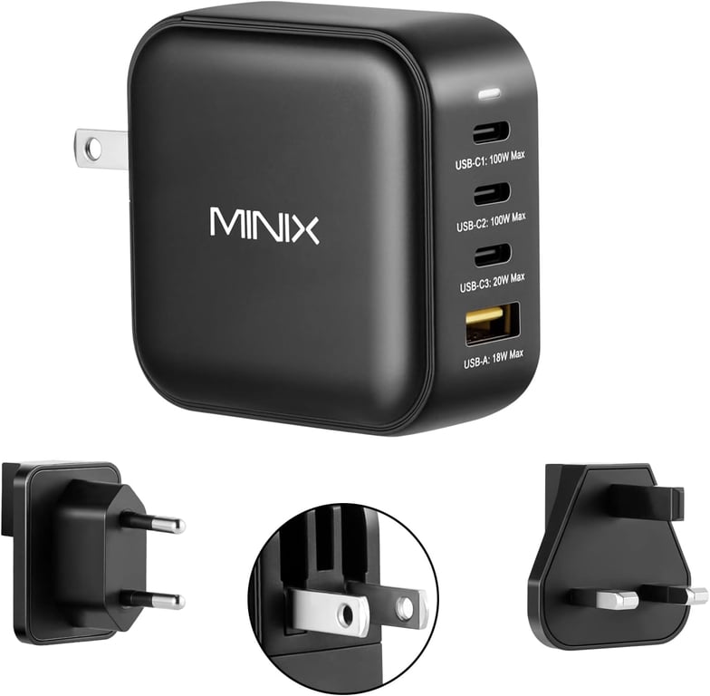Caricatore da Muro MINIX NEO P3 100W Turbo 4 Porte GaN, Adattatore di Carica Rapida 3 x Porta USB-C (Max 100W/20W), 1 USB-A (Max 18W). Compatibile con MacBook Pro Air, iPad Pro, iPhone 14, Galaxy S9 - nuovo