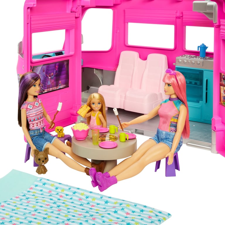 Barbie Camping Car Transformable avec 7 Zones de Jeu Et 60 Accessoires Inclus Comprend Toboggan Piscine Pick Up Et Bateau pour Poupées 76 cm Jouet pour Enfant de et Plus HCD46 - vue 6