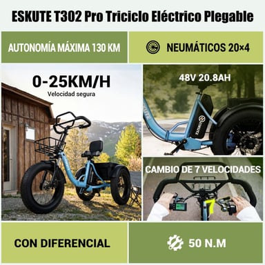 Triciclo eléctrico ESKUTE T302 Pro, 250 W, 48 V 20,8 Ah, con bolsa para teléfono, espejos retrovisores y candado de combinación - Violeta