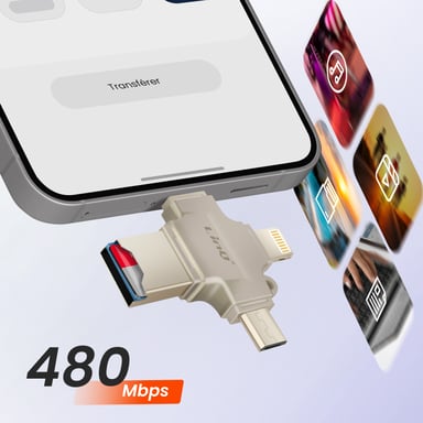 Lecteur Carte Micro-SD OTG avec Prise USB-C, Micro-USB, Lightning, USB Beige