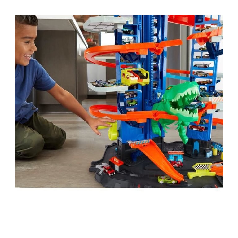 HOT WHEELS City Super Dino Robot Garage 90 cm de haut 100 places de parking - 2 vehicules inclus - Neuf