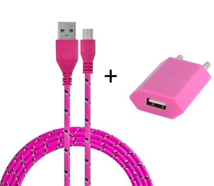 Pack Chargeur pour Manette Playstation 4 PS4 Smartphone Micro USB (Cable Tresse 3m Chargeur + Prise Secteur USB) Murale Android  (ROSE BONBON)