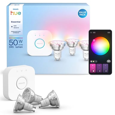 Kit d'éclairage Philips Hue 3 ampoules connectées GU10 4,7W (équiv. 50W) Blanc et couleur - Neuf