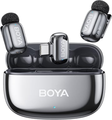 Microfono wireless Boya Mini 2 USB-C, riduzione rumore IA -40 dB, 24 bit, 48 kHz, 2 trasmettitori, portata 100 m, controllo app