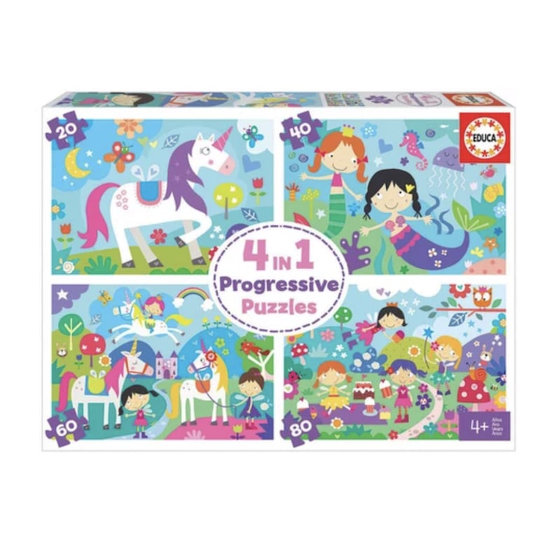 Puzzles Progressifs 4 en 1 : Explorez des Univers Magiques avec Licornes et Sirènes - Neuf