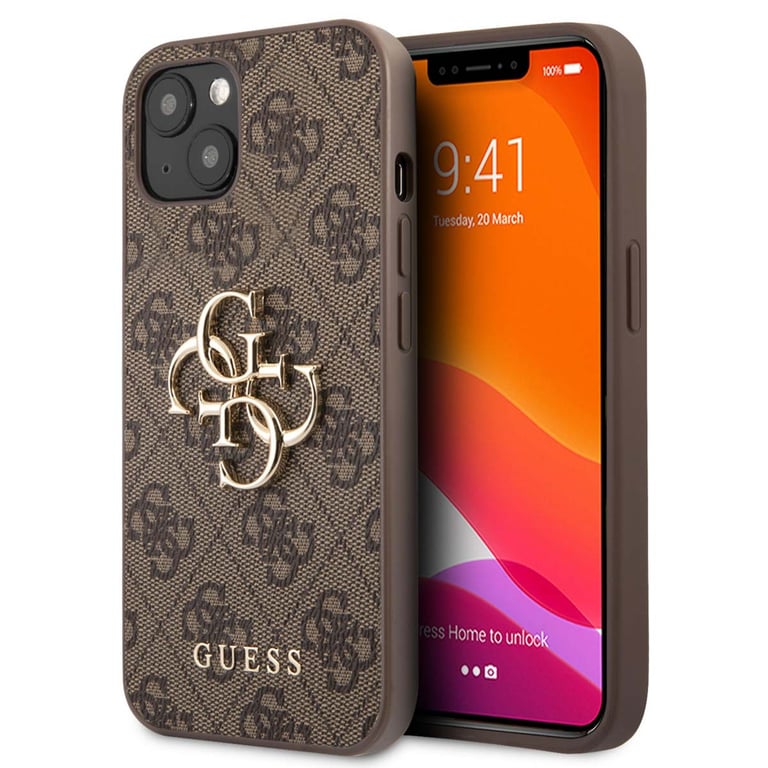 GUESS Coque pour iPhone 13 bi-mati&egrave;re Motif 4G avec logo  Marron