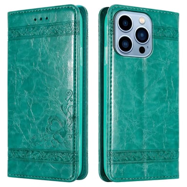 Coque pour Apple iPhone 13 PRO en TURQUOISE avec ornements Housse de protection Étui avec fermeture magnétique, fonction de support et compartiment pour carte