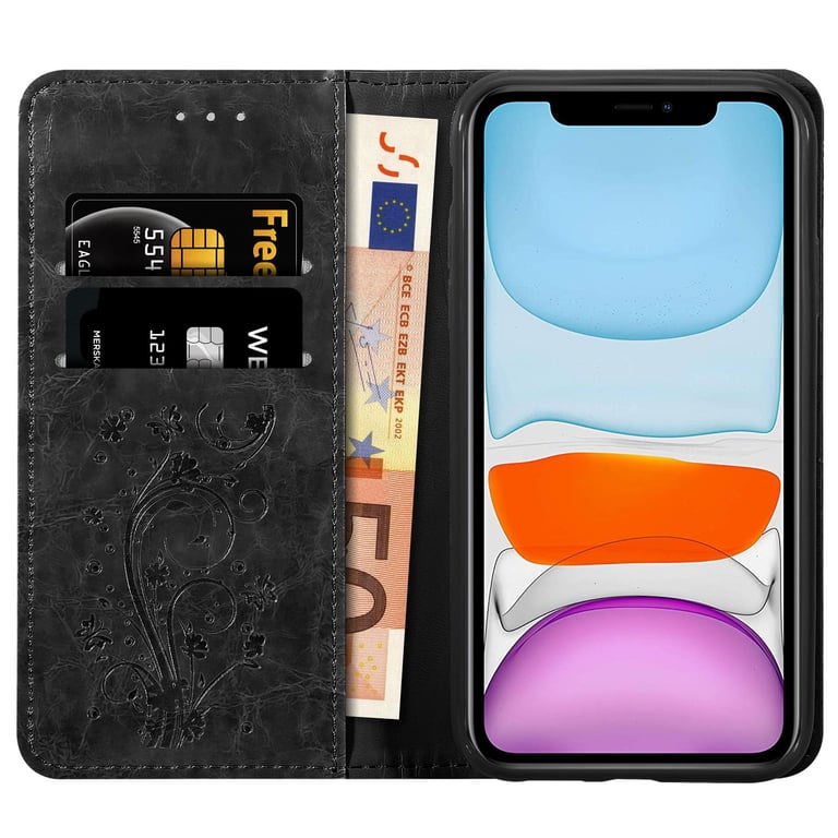 Coque pour Apple iPhone 11 en Noir avec ornements Housse de protection Étui avec fermeture magnétique, fonction de support et compartiment pour carte