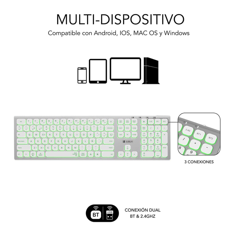 Clavier Universel SUBBLIM SUBKB-3MIE300 – RF Sans Fil + Bluetooth, QWERTY Espagnole - vue 7