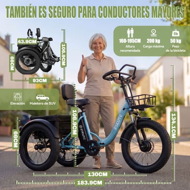 Triciclo eléctrico ESKUTE T302 Pro, 250 W, 48 V 20,8 Ah, con bolsa para teléfono, espejos retrovisores y candado de combinación - Violeta