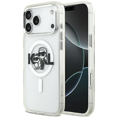 Custodia Karl Lagerfeld IML Glitter Karl & Choupette Sketch Logo MagSafe per iPhone 17 Pro Max trasparente