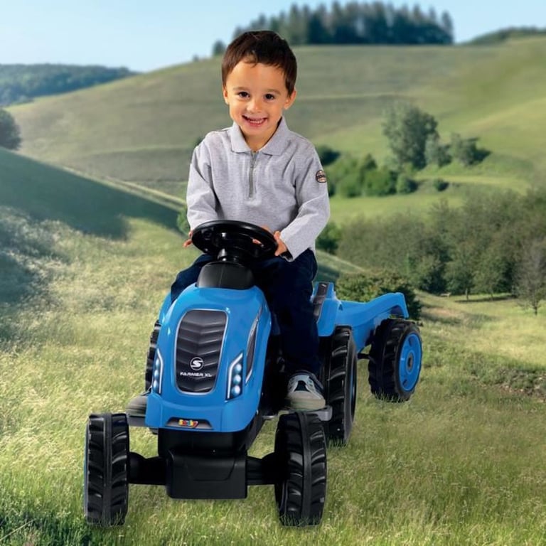 Tracteur à pédales SMOBY Farmer XL avec remorque détachable Bleu, siège réglable 3 positions, roue de direction avec klaxon - Neuf