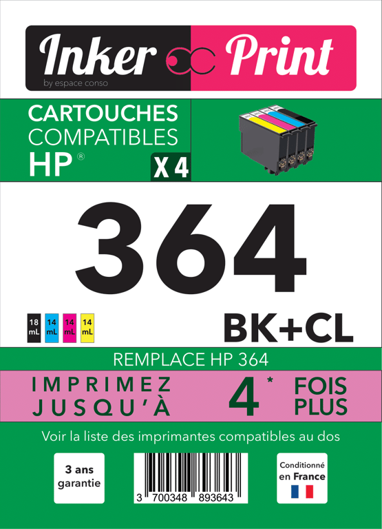 Pack de Cartouches d'encre recyclées compatibles avec HP 364 XL (Noir et Couleurs)