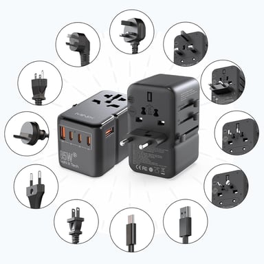 Adaptador de Viaje Universal MINIX TP85 con Puertos PD 85W, Enchufe AC Internacional, 2 Puertos USB-A y 3 Puertos USB-C, Cargador de Viaje Mundial, Compatible con EE. UU., Europa, AU, UK.