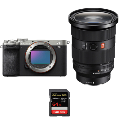 Cámara híbrida Sony A7C II Silver + FE 24-70mm f/2.8 GM II + 1 SanDisk 64GB Extreme PRO UHS-II + Ebook ''20 consejos para fotos que impactan''
