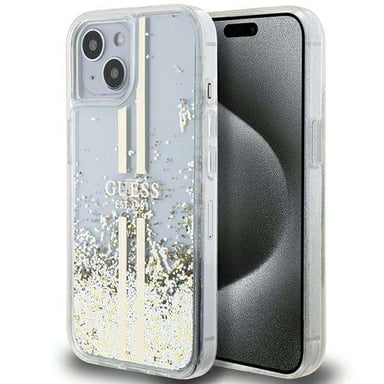 Funda Guess para iPhone 15 Plus 6.7'' Funda rígida transparente Liquid Glitter Gold Stripes