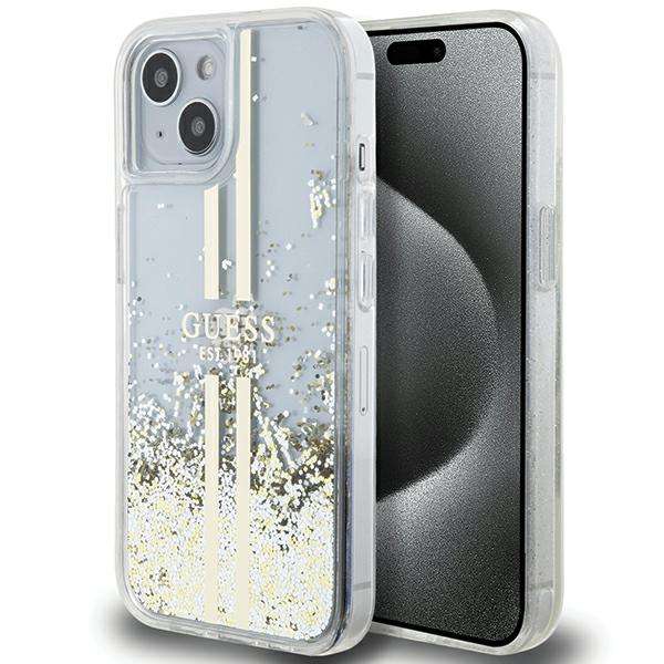 Guess Étui pour iPhone 15 Plus 6.7 étui rigide Liquid Glitter Gold Stripes