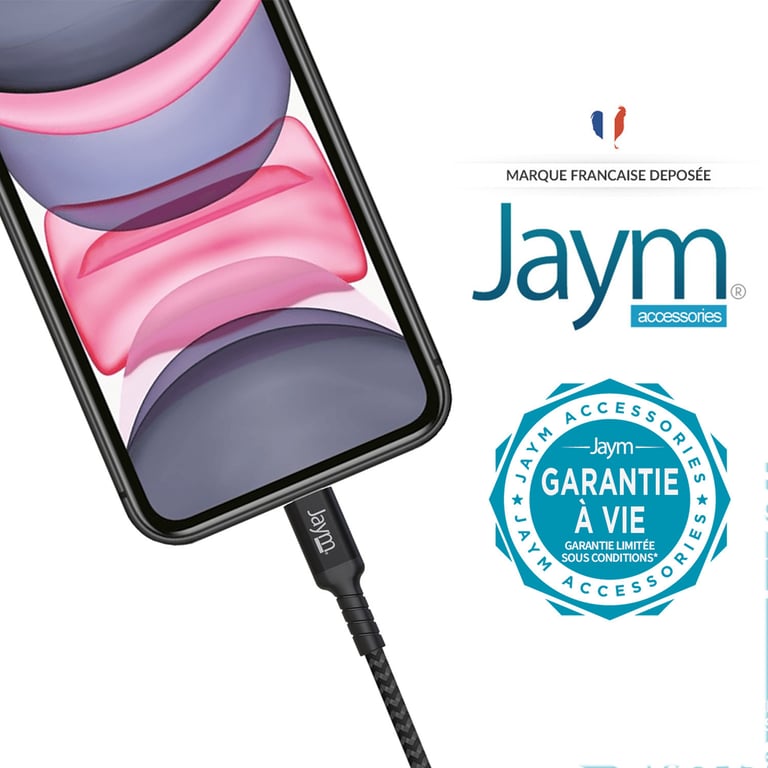 Jaym - Cable Premium 1,5 m - USB-A vers Lightning (Certifié MFI) compatible  Apple iPhone, iPad, AirPods, iWatch - Garanti à Vie - Ultra renforcé -  Longueur 1,5 mètres - Jaym