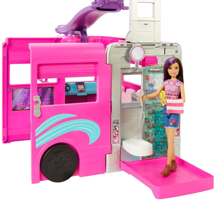 Barbie Camping Car Transformable avec 7 Zones de Jeu Et 60 Accessoires Inclus Comprend Toboggan Piscine Pick Up Et Bateau pour Poupées 76 cm Jouet pour Enfant de et Plus HCD46 - vue 7