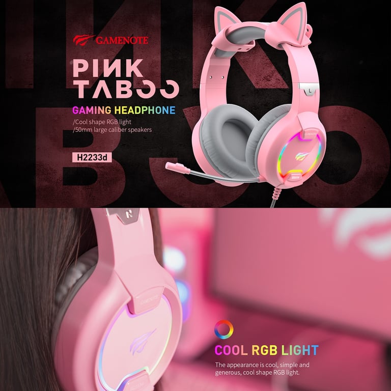 GAMENOTE H2233d Casque gaming fille rose avec oreilles de chat éclairage  RGB pour PC & console -