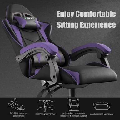 Silla gaming reclinable de cuero sintético con respaldo alto, reposacabezas y soporte lumbar - Morado