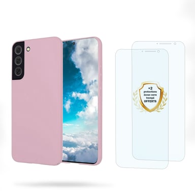 EVETANE Samsung Galaxy S22 Funda de silicona líquida rosa + 2 paneles de vidrio templado protector de pantalla a prueba de golpes