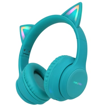 imoshion Casque sans fil pour enfants LED Light Cat Ear - Limiteur de décibels - Avec câble AUX - Bleu clair